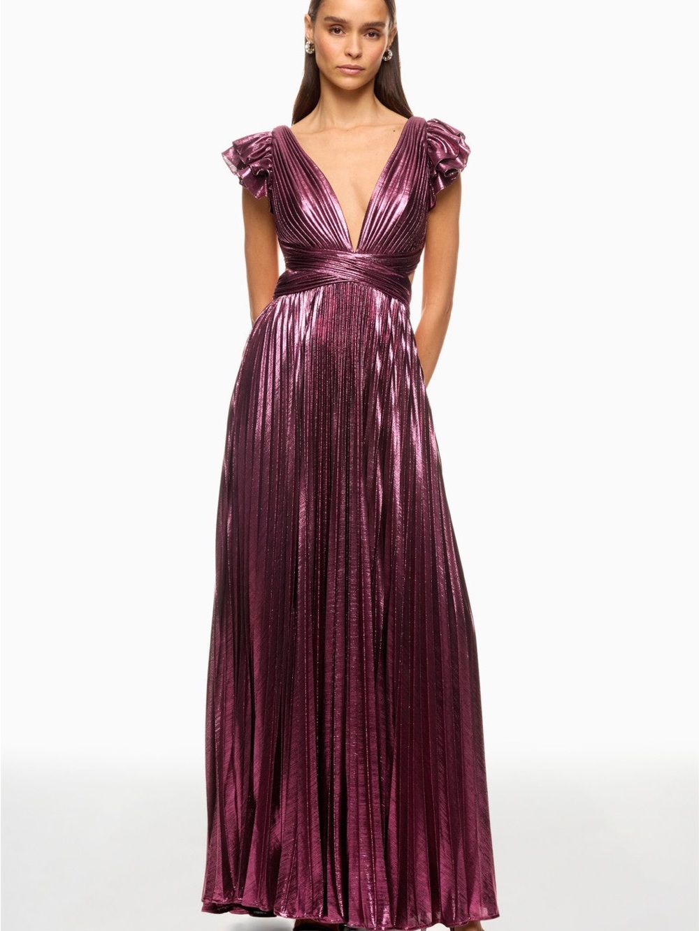 Plunging V-Neck Metallic Plum Maxi Dress